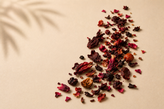 Existence Brewed Bloom loose-leaf hibiscus berry rooibos tea with red hibiscus petals and dried fruit pieces.