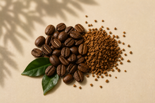 Existence Brewed Catalyst instant coffee granules beside roasted coffee beans and green leaves.