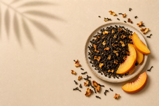 Existence Brewed Ease loose-leaf peach black tea in a bowl with peach slices and scattered tea leaves.
