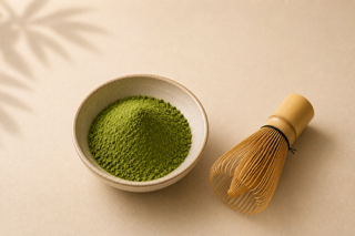 Existence Brewed Focus ceremonial matcha powder in a bowl beside a bamboo whisk.