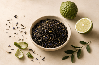 Existence Brewed Grounded loose-leaf Earl Grey black tea in a bowl with bergamot citrus and cornflower petals.