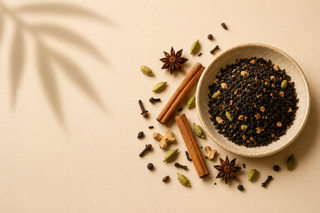 Existence Brewed Ignite loose-leaf masala chai in a bowl with cinnamon, star anise, cardamom, and cloves.