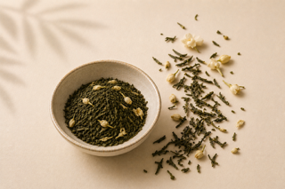 Existence Brewed Presence loose-leaf jasmine green tea in a bowl with jasmine blossoms.