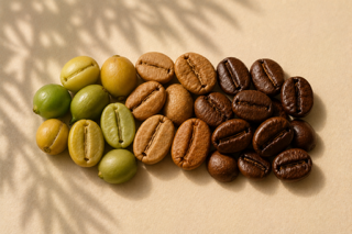 Existence Brewed Pursuit Colombian single-origin coffee shown as green, light-roast, and dark-roast beans.