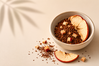 Existence Brewed Restore loose-leaf apple cider rooibos tea in a bowl with dried apple slices.