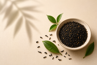 Existence Brewed Ritual loose-leaf English Breakfast black tea in a bowl with scattered tea leaves.