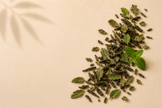 Existence Brewed Still loose-leaf Moroccan mint green tea with dried tea leaves and fresh mint.