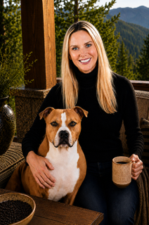 Sully and Bodhi on a mountain deck with coffee